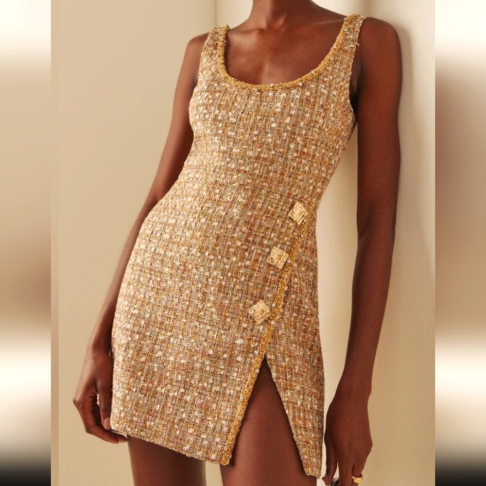 Self-Portrait Gold Tweed Mini Dress with Side Slit
